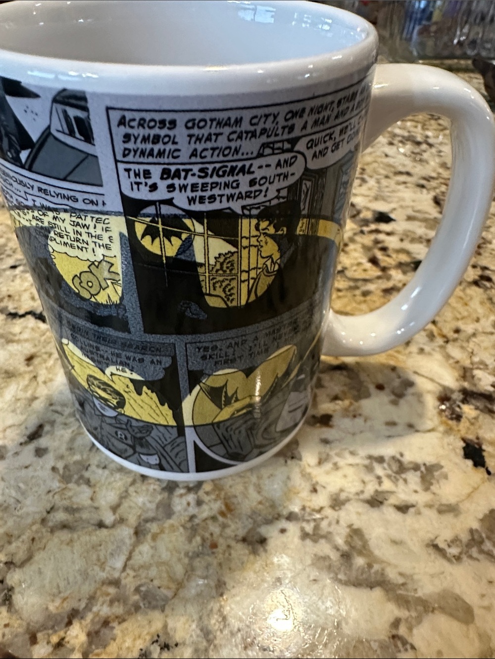 Batman Comic Strip Ceramic Coffee Mug - White with Yellow and Black